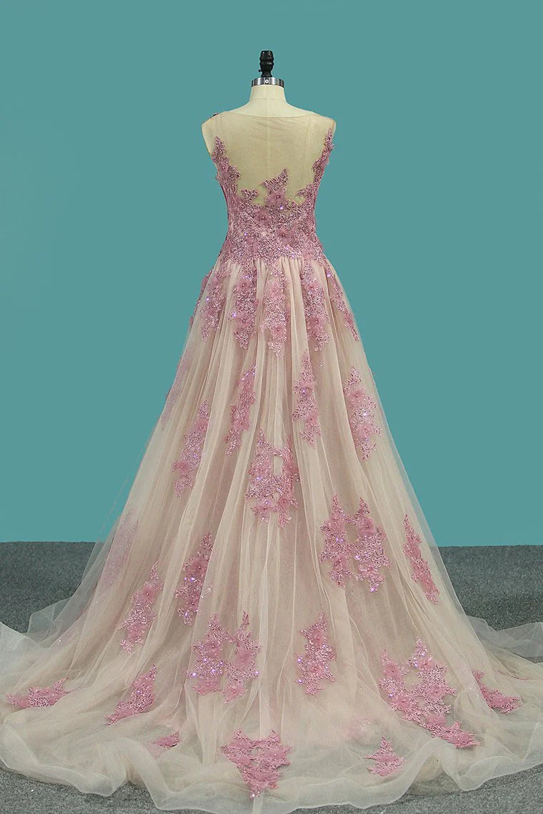 Mermaid Scoop Tulle Party Dresses With Applique Court Train Detachable